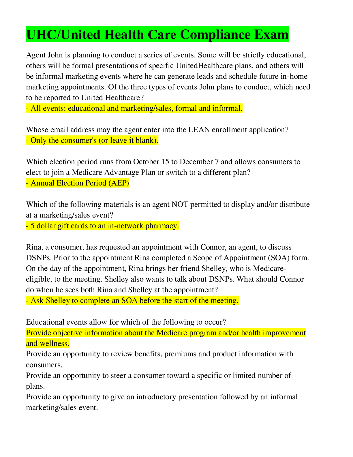 Preview of UHC/United Health Care Compliance Exam, Latest Updated Q&As
